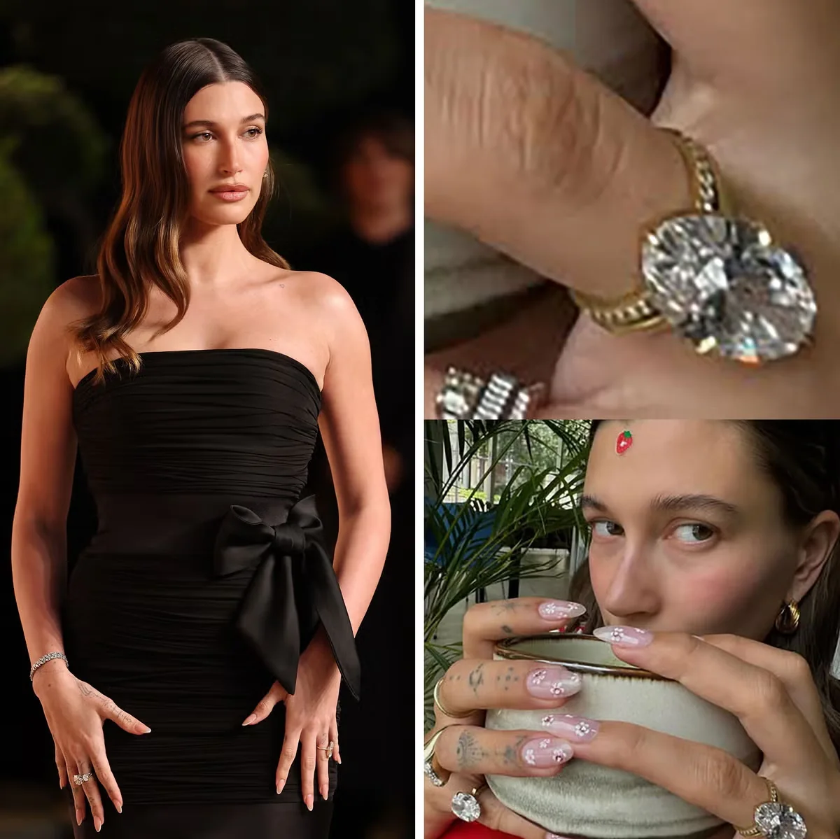 Hailey Bieber com anel de noivado solitário oval e pulseira riviera delicada
